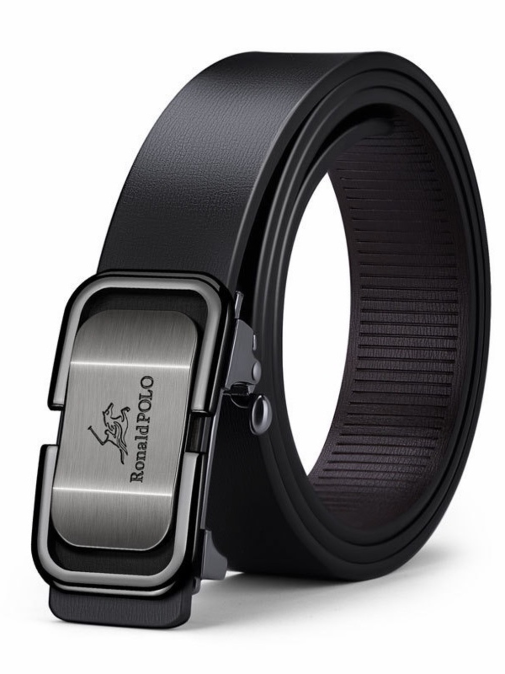 Men's Black Ratchet Leather Belt with Brushed Buckle